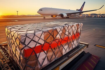 Cargo pallet ready for airplane loading at sunrise