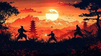 Fototapeta premium Three Silhouetted Samurai Warriors Facing Off at Sunset with Mountains in the Background