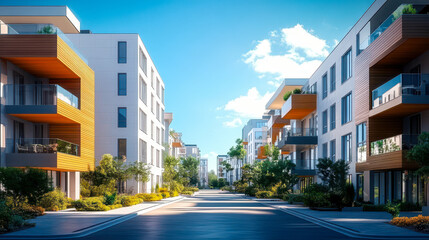 Obraz premium Contemporary Low-Rise Apartment Buildings in Sunlit Urban Street, Daytime Modern Architecture with Greenery and Minimalist Design