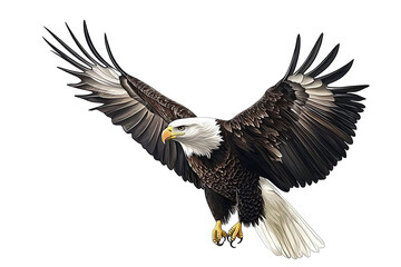 Obraz premium A majestic eagle in flight, showcasing its powerful wings and striking features against a clear background.