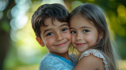 Fototapeta premium hug and portrait of brother and sister enjoying summer day for bonding, quality time and playing. Family, children and happy siblings hugging, embrace and loving in nature for relaxing, Generative AI