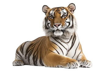 Obraz premium A majestic tiger lounging gracefully, showcasing its vivid stripes and powerful presence in a serene, natural environment.
