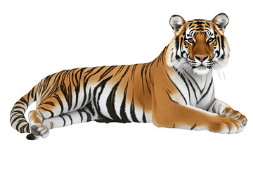 Obraz premium A majestic tiger resting gracefully, showcasing its striking stripes and powerful physique against a transparent background.