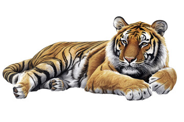 Obraz premium A majestic tiger resting gracefully, showcasing its striking orange fur and black stripes in a serene pose.