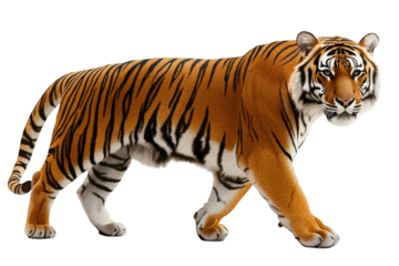 A majestic tiger walking gracefully, showcasing its striking orange fur and bold black stripes in a wild setting.