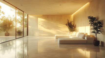 Serene Minimalist Living Room with Modern White Sofa, Indoor Plants, and Large Windows in Soft Natural Light