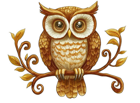 recommend clip art: Charming illustration of an owl perched on a branch, featuring intricate details and a rich color palette, perfect for nature themes.