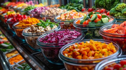 Fototapeta premium Fresh vegetables and fruits arranged in bowls at a vibrant salad bar for lunchtime selections