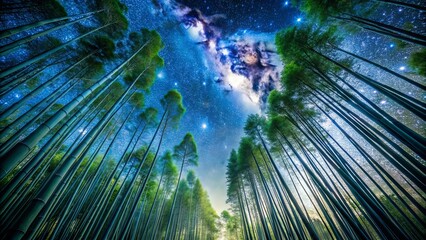 Night sky filled with stars shining above a serene bamboo forest, night sky, stars, bamboo, forest, serene, peaceful