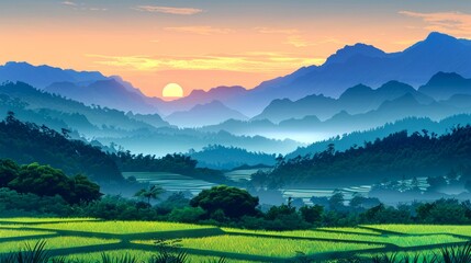 Sunrise Over Lush Green Rice Paddies and Mountain Range