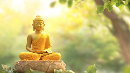A golden statue of a Buddha is sitting on a lotus flower. The statue is surrounded by green leaves and branches, giving the impression of a peaceful and serene environment