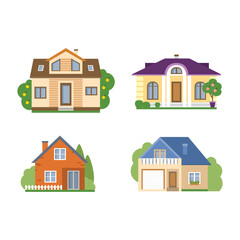 Fototapeta premium District houses isolated on white background. Flat vector illustration, Isolated cartoon houses set Simple suburban houses Concept of real estate property and ownership. Set of house.