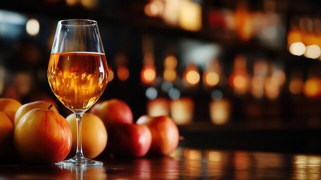 Cozy bar setting with a glass of golden amber apple cider. Fresh apples feature beside the drink, hinting at its crisp, fruity flavor.