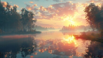 Fototapeta premium Sunrise over a tranquil lake surrounded by trees with mist rising above the water