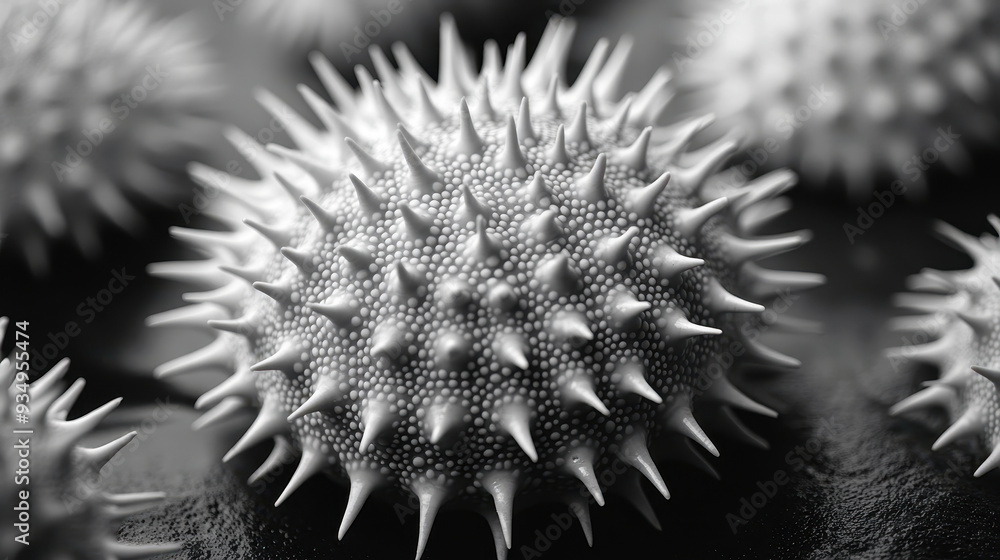 Poster black and white close-up of sea urchin shell showcasing intricate texture and pattern, perfect for m