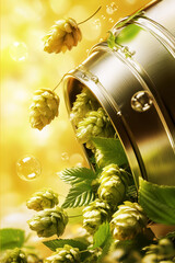 Stainless Steel Beer Keg with Fresh Hops and Golden Light