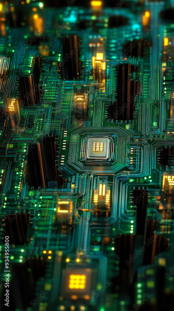 Poster maze of circuit board pathways symbolizing data processing, tech innovation, and complex digital sys