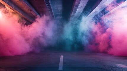 Naklejka premium Neon Dreams: A tunnel of vibrant pink and blue smoke, illuminated by neon lights, creating an ethereal and futuristic atmosphere. 