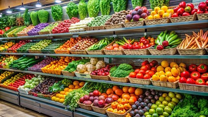 Vibrant display of fresh fruits and vegetables in the supermarket , colorful, vibrant, freshness, healthy, organic, produce