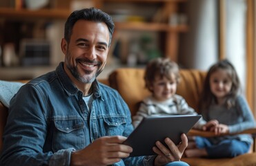 Happy father with a tablet, sitting on a chair in a modern living room, children playing nearby