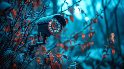 Naklejka premium Infrared Surveillance Camera in Snowy Foliage at Night for Enhanced Security and Monitoring