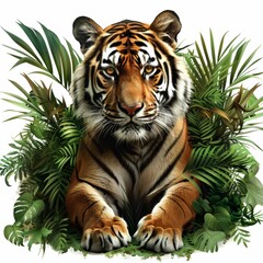 A Bengal Tiger Resting Amid Lush Tropical Foliage