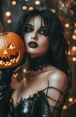 Fototapeta premium A stunning woman with black hair, dressed in leather, holding a pumpkin, surrounded by lights
