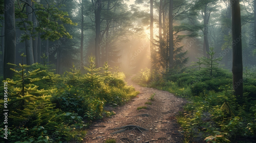 Poster sunlight filters through trees along a winding path in a tranquil forest during early morning hours
