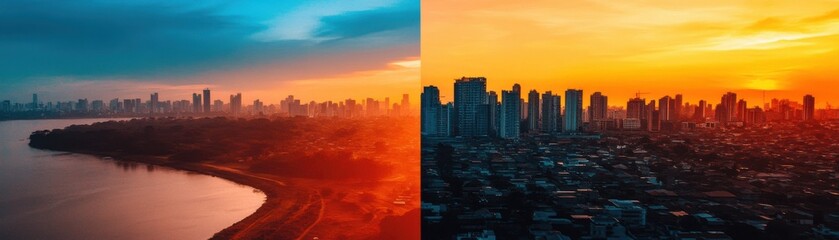 Fototapeta premium Contrasts of Life: Split Image of Rural and Urban Landscapes Showcasing Lifestyle Diversity