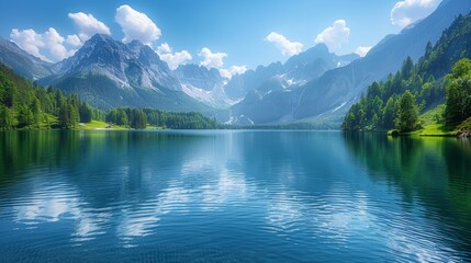 Serene lake reflecting mountains and clouds under a clear sky in a tranquil natural setting