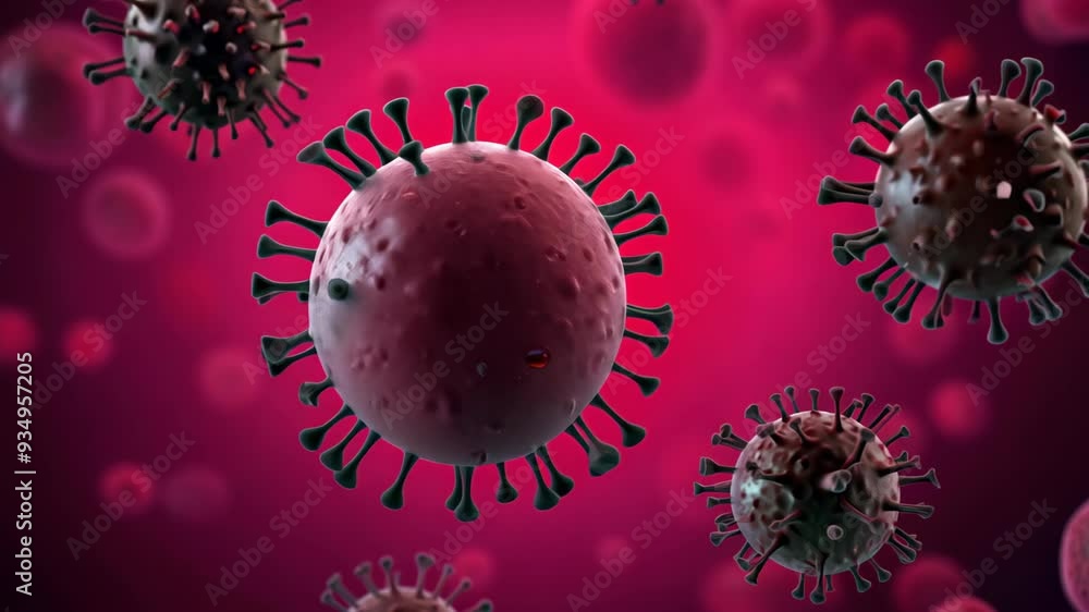 Poster a vibrant a cluster of viruses set against a striking red background, highlighting their intricate s