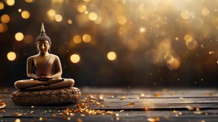 A gold Buddha statue sits on a wooden surface with a lot of gold glitter around it. Concept of serenity and peace, as the Buddha is depicted in a meditative pose
