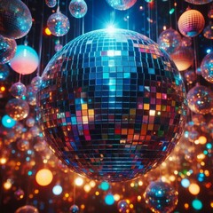 Obraz premium Colorful disco mirror ball nightclub sphere light. 