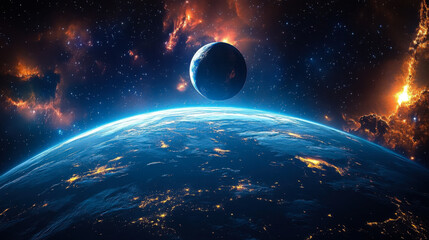Obraz premium Dramatic Space Scene with Glowing Planet and Distant Moon Amidst Colorful Nebula, Nighttime Earth Captured from Space