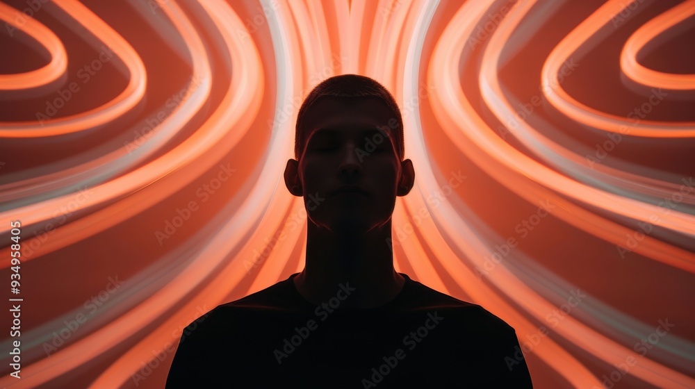 Poster silhouette of a person against a vibrant, abstract background featuring dynamic light patterns in wa