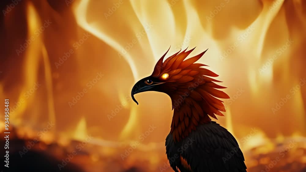 Poster A phoenix fiery bird stands boldly in front of a crackling fire, its feathers illuminated by the flickering flames, creating a striking contrast between nature and the warmth of the fire.
