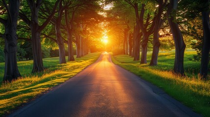 Obraz premium A golden sunset illuminates a tree-lined road in a tranquil park during late afternoon