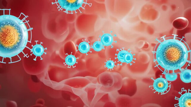 A vibrant red background highlights a cluster of cells, showcasing their intricate structures and relationships. The contrast emphasizes their biological significance and complexit