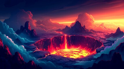 Fototapeta premium Eruption of a Volcano in a Fantasy Landscape