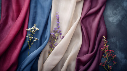 A classic color palette with muted navy blue, soft cream, rich burgundy, and warm taupe. Offers a sophisticated and timeless look for formal and premium branding.