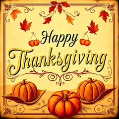 Vintage Thanksgiving card. Retro banner with greeting Happy Thanksgiving	