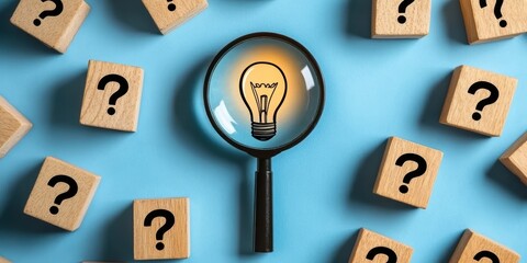 Fototapeta premium A glowing light bulb under a magnifying glass among cubes with question marks symbolizes thinking and ideas