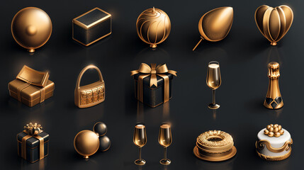 A collection of elegant, calligraphy-style icons representing different types of celebrations, such as a champagne glass, gift box, balloon, and cake.