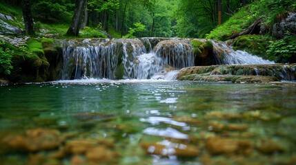 Gentle waterfall cascading over rocks in a lush green forest during summer