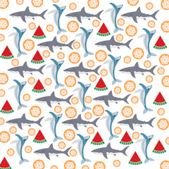 cute whale, shark with fruit as a pattern background