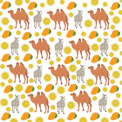 camel, sheep with fruit as a pattern background
