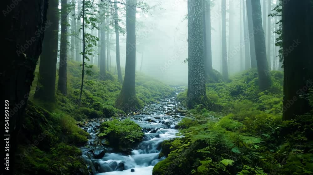Poster a serene forest is home to a gentle stream that winds its way through a lush expanse of towering tre
