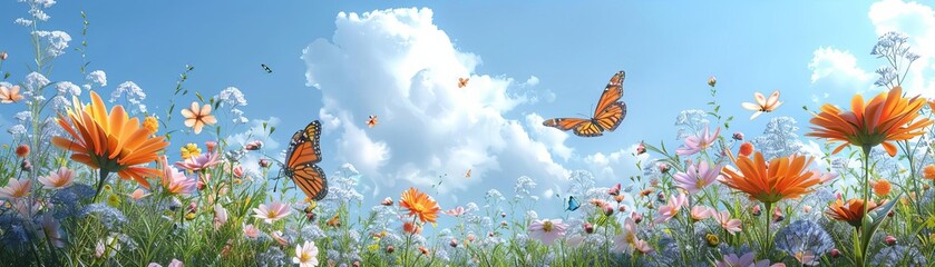 Fototapeta premium Picturesque meadow with blooming flowers and butterflies, enchanting and serene