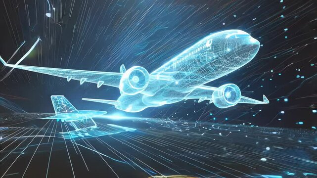 Futuristic Digital Airplane Soaring Through a Virtual Sky with Dynamic Light Trails