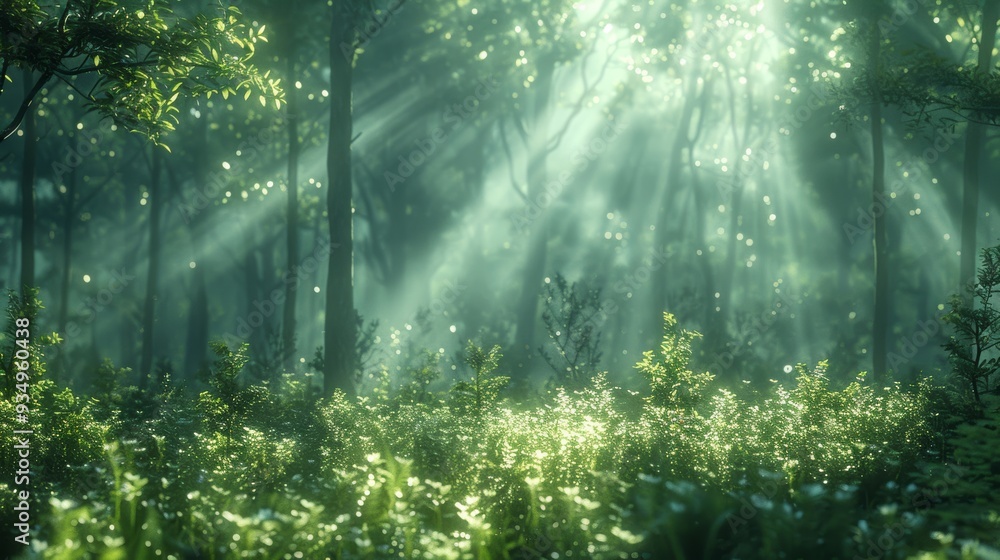 Poster sunlight filters through a dense forest canopy illuminating ferns and undergrowth during the early m
